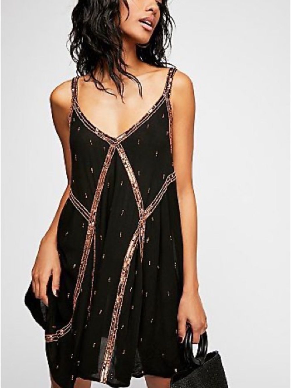 Whistles Black Mini Dress with Rose-Gold Beaded Trim